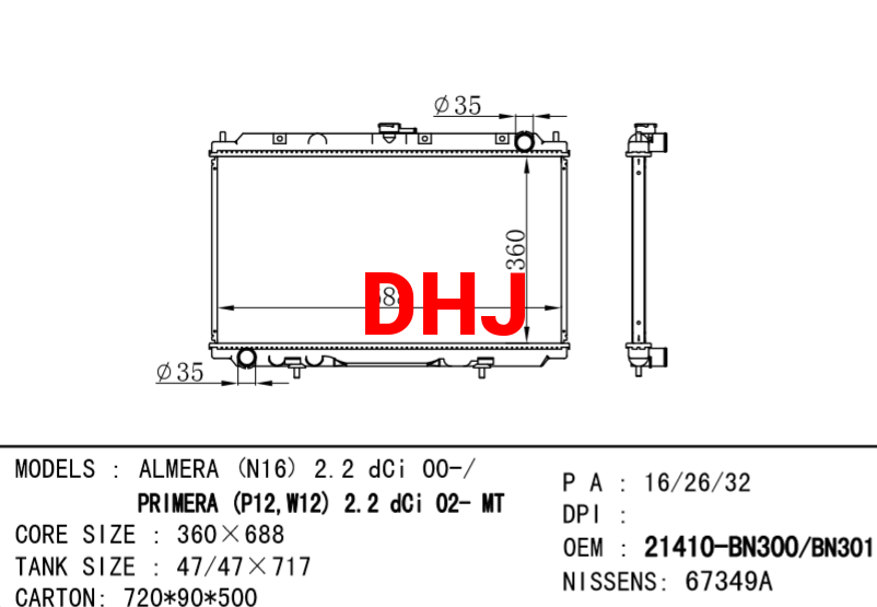 NISSAN radiator 21410-BN300 21410-BN301 ALMERA (N16) 2.2 dCi 00-/