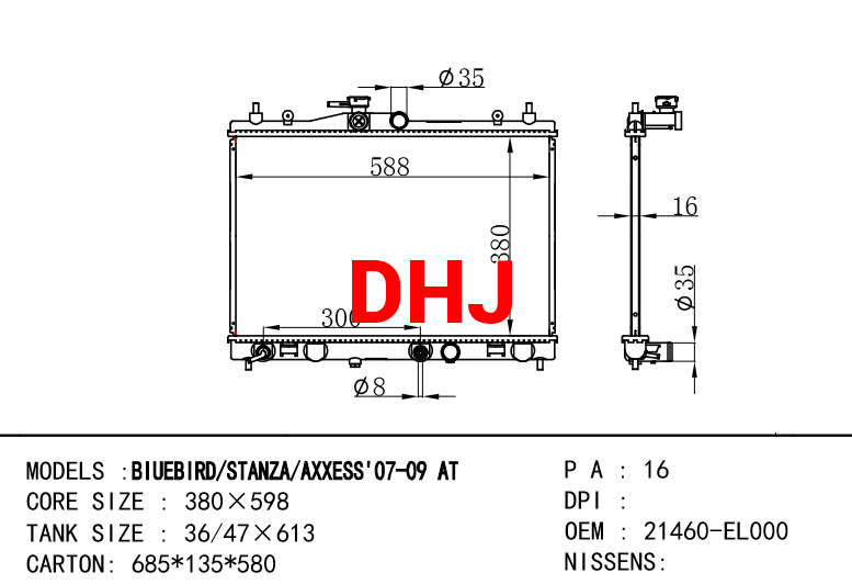 NISSAN radiator 21460-EL000 BIUEBIRD/STANZA/AXXESS'07-09 AT