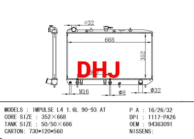 ISUZU radiator 94363091 94316849 8943168493 8943168494 8943168495 8943630914 IMPULSE L4 1.6L 90-93 AT/MT