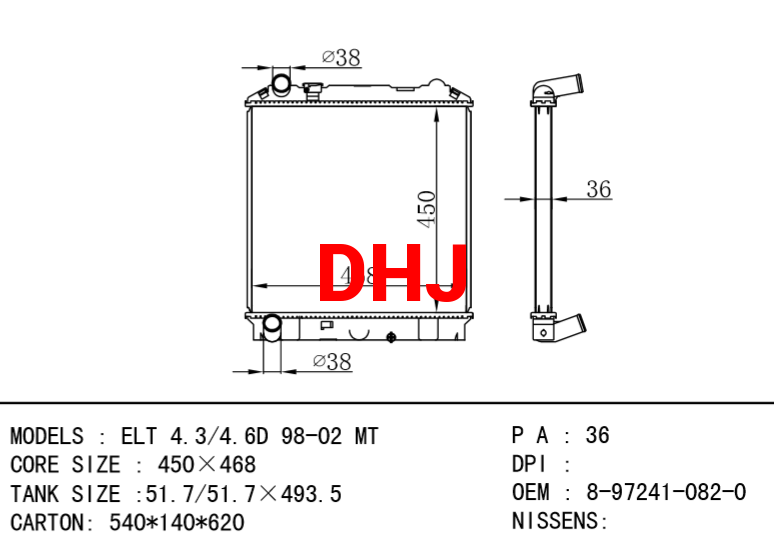 ISUZU radiator 8972410820 8-97241-082-0 ELT 4.3/4.6D 98-02 MT