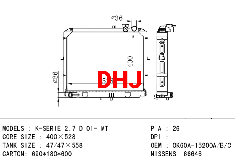 KIA radiator 0K60A-15200A 0K60A-15200B 0K60A-15200C 0K72B15200 253104E400 0K60A15