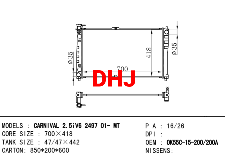 KIA radiator OK55C-15-200A OK55C-15-200 OK55C15200E OK55C15200C CARNIVAL II (GQ) 2.5I V6 2497 01-MT