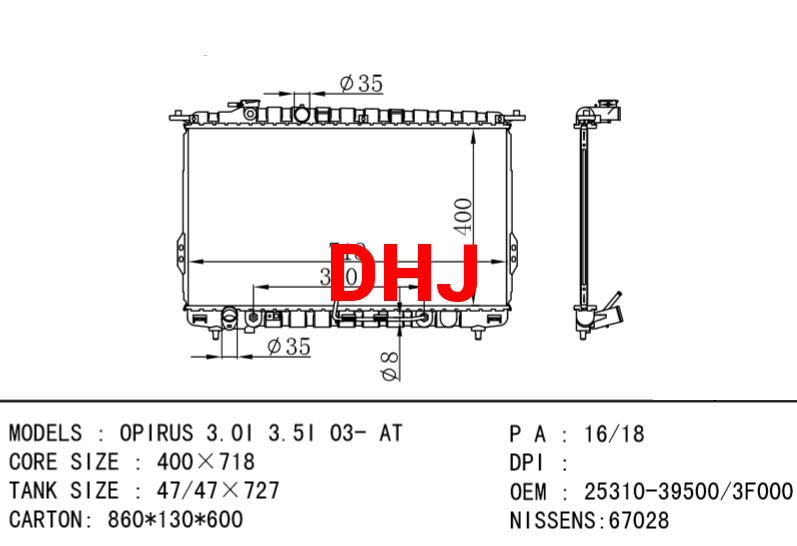 KIA radiator 2531038050 25310-39500 25310-3F000 OPIRUS 3.0I 3.5I 03-AT/MT