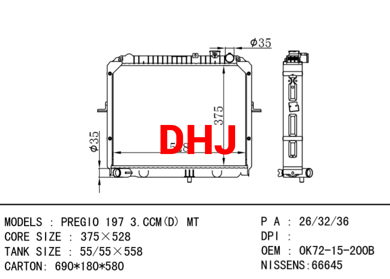 KIA radiator OK72-15-200B 0K72A-15200C OK72-15200B 0K72A-15200B  PREGIO 197 3.CCM(D) MT