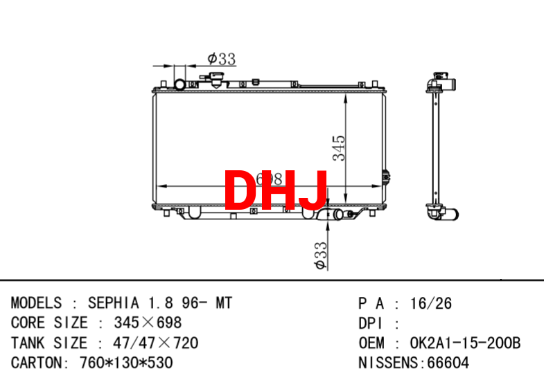 KIA radiator OK2A1-15-200 OK2A1-15-200C OK2A1-15-200B SEPHIA 1.8 96- MT