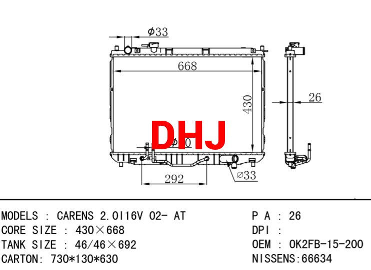 KIA radiator OK2FB-15-200 CARENS 2.0I16V 02- AT