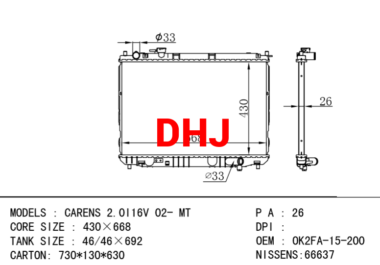 KIA radiator OK2FA-15-200 CARENS 2.0I16V 02- MT