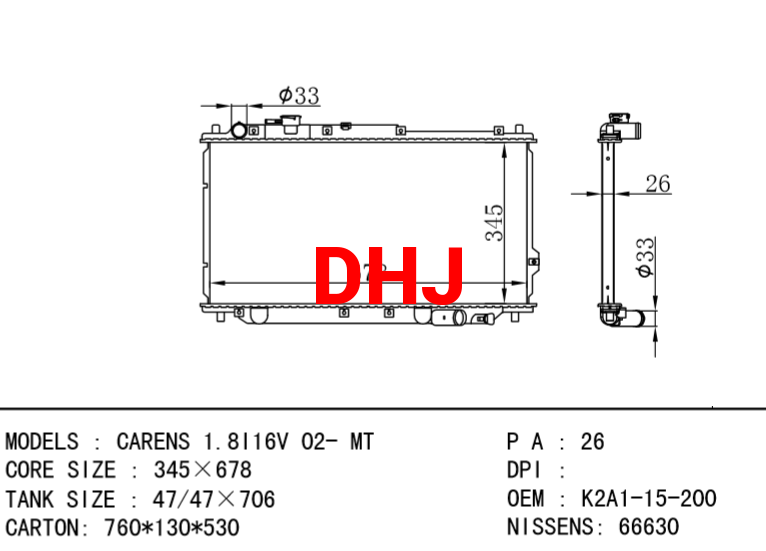 KIA radiator 0K2C015200A 0K2CN15200 K2A115200 OK2A115200 OK2CN15200 CARENS 1.8I16V 02- MT