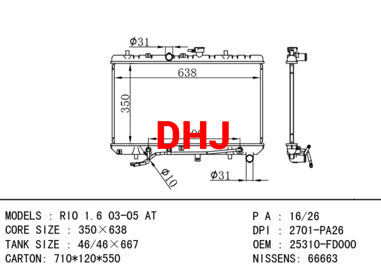 KIA radiator 25310-FD000 25310-FD010 RIO 1.6 03-05 AT/MT