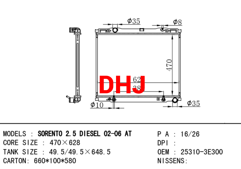 KIA radiator 25311-3E300 253103E300 SORENTO I (JC) 2.5 CRDi DIESEL 02-06 AT/MT