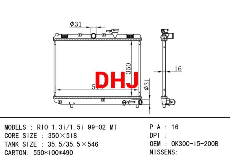 KIA radiator OK30C15200B 0K30A15200 0K30C15200B OK30A15200  RIO 1.3i/1.5i 99-02 M