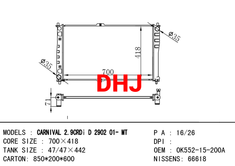 KIA radiator OK552-15-200A 0K55215200B 0K55215200C 0K552-15-200D 0K55215200A OK55215200A 0K52B15200 CARNIVAL II (GQ) 2.9 CRDi