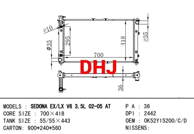 KIA radiator 0K52Y15200 0K52Y15200C 0K52Y15200D SEDONA EX LX V6 3.5L AT/MT (2002-2005)