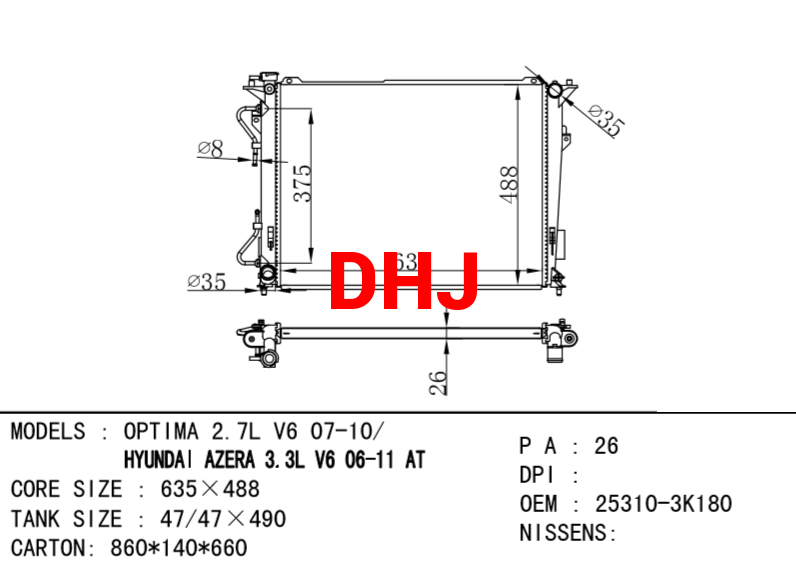 KIA radiator 253103K240 HYUNDAI 253103K280 253103K080 253103K180 253103K090 OPTIMA 2.7L V6 07-10/AZERA 3.3L V6 06-11 MT