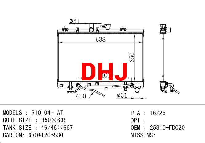 KIA radiator 25310-FD020  25310-FD000 RIO 04- AT