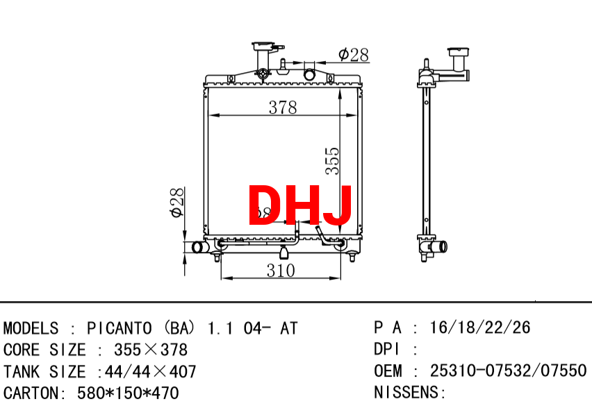 KIA radiator 2531007532 2531007552 2531007832 2531007850 2531007530 2531007550 PICANTO (BA) 1.1 04- AT