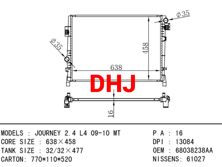 DODGE RADIATOR 68038238AA K68038238AA JOURNEY 2.4 L4 09-10 MT