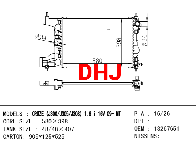 CHEVROLET RADIATOR 13267651 CRUZE (J300) 1.6 MTT