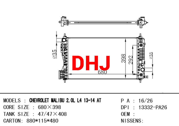 CHEVROLET MALIBU 2.0L L4 13-14 AT/MT RADIATOR DPI:13332-PA26