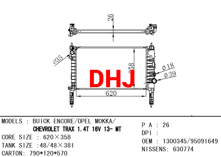 BUICK ENCORE/OPEL MOKKA RADIATOR 1300345 1300354 1300353 95298554 95091649 95136076 CHEVROLET TRAX MT