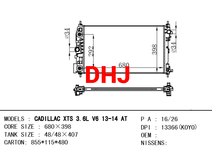 CADILLAC XTS 3.6L V6 13-14 AT RADIATOR DPI : 13366(KOYO) AT/MT