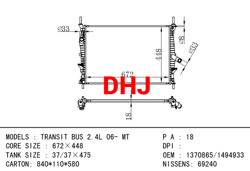 FORD TRANSIT Bus radiator 1370865 1494933 1383315 6C118005AD 6C118005AB 1371296  