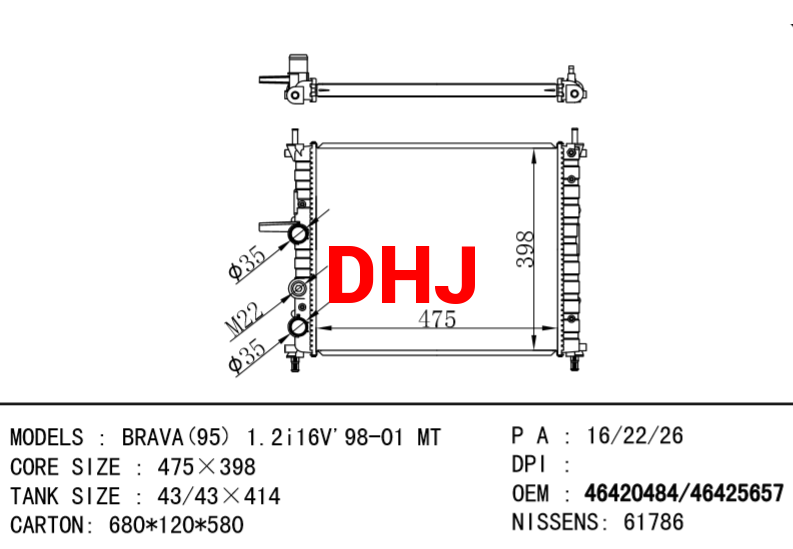 FIAT BRAVO RADITOR 46479759 46809639 46420484 46535003 59015576 71736180 71736181