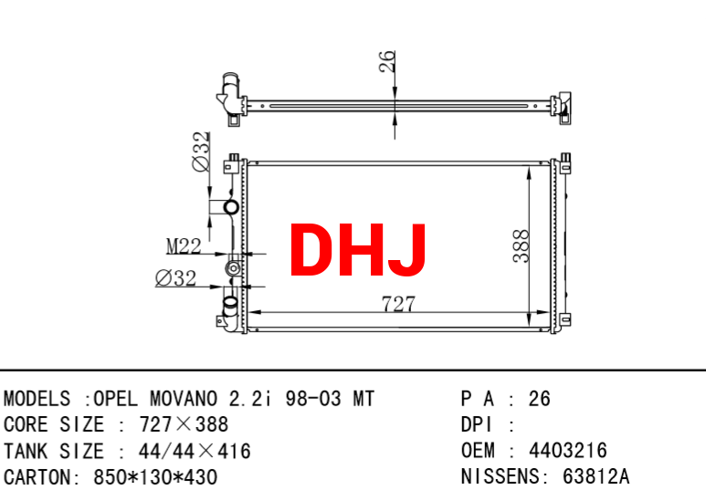 OPEL MOVANO RADIATOR 4403216 7701049664 9111216