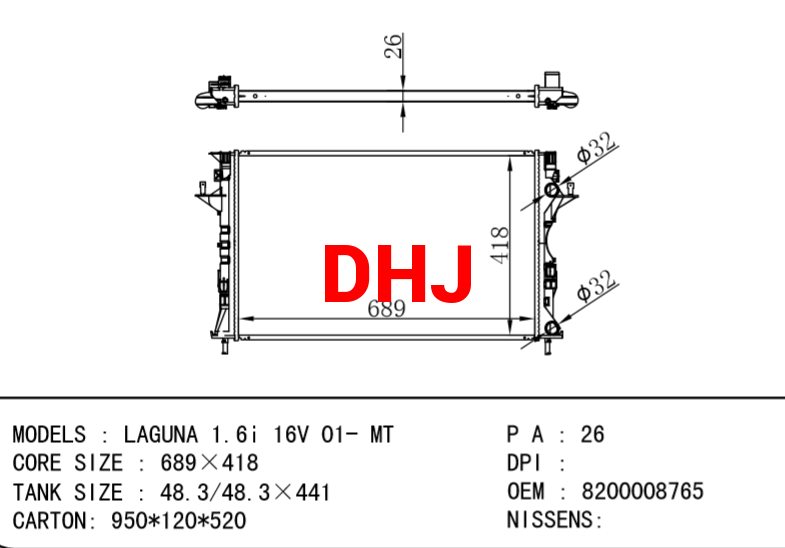 RENAULT LAGUNA II radiator 7711134656 8200008765 8200008764 7711134658 8200302463