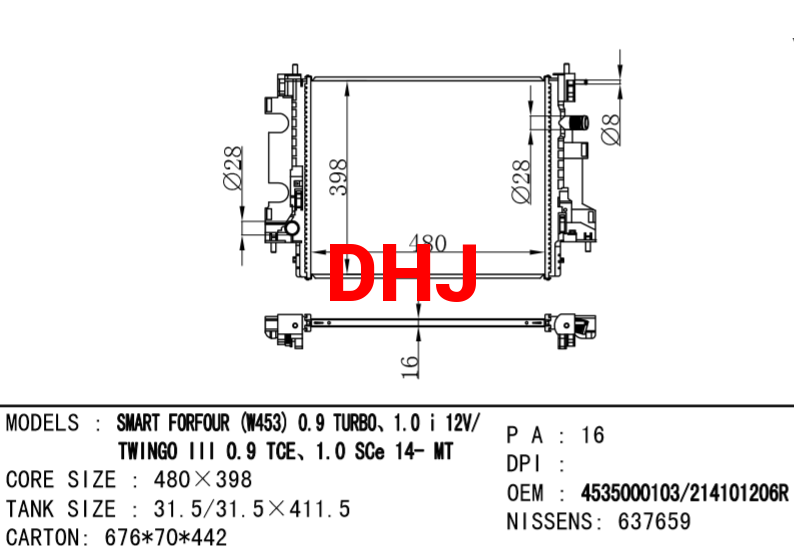 RENAULT TWINGO III RADIATOR, RENAULT SMART FORFOUR RADIATOR 4535000103/214101206R