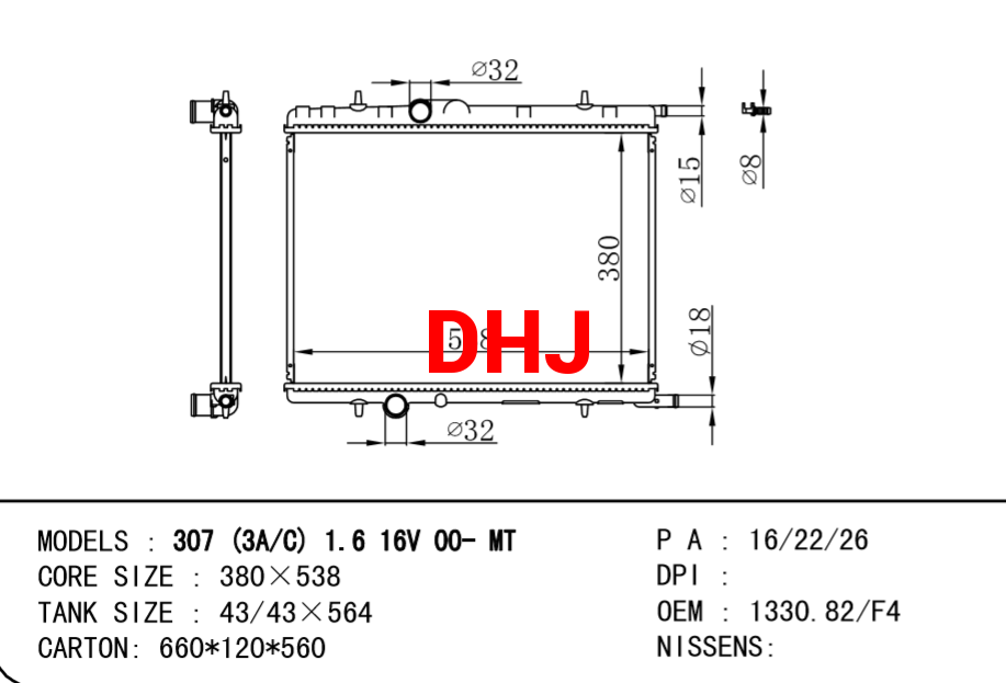 PEUGEOT 307 radiator oem 1330.82/F4 1330.F4