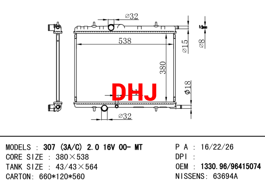 PEUGEOT 206 307 Radiator Oem 1330.96 96415074 NISSENS: 63694A