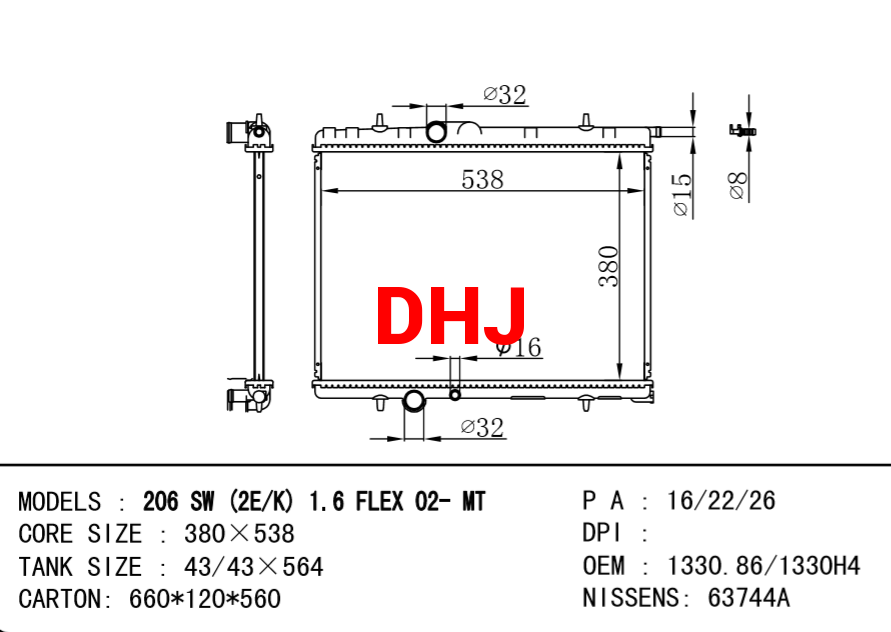 PEUGEOT 206 307 Radiator OEM:1330.86 1330H4