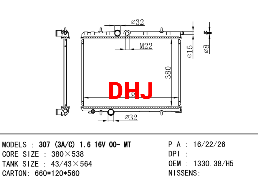 PEUGEOT 307 (3A/C) radiator OEM:1330.38/H5 1330.H5