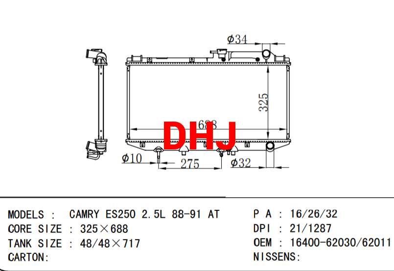 TOYOTA CAMRY ES250 car radiator 16400-62030/16400-62011