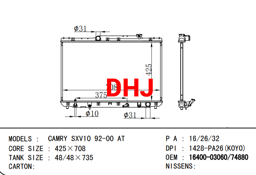 TOYOTA CAMRY car radiator 16400-03061 16400-03060 16400-74760 16400-74880