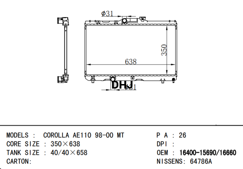 TOYOTA COROLLA RADIATOR,16400-15451 16400-16490 16400-15450 16400-16491 16400-166