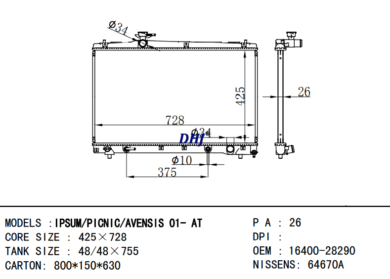 16400-28300 16400-28290 TOYOTA IPSUM/PICNIC/AVENSIS VERSO 01 AT radiator