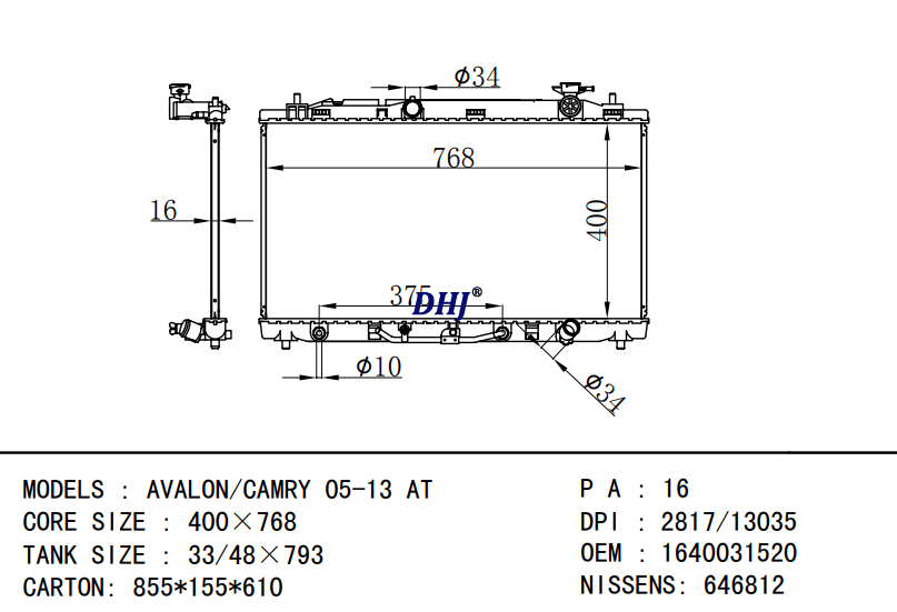 TOYOTA AVALON/CAMRY 2919 2817/13035 16400-31520 16400-AD020 16400-0P220 16400-AD0