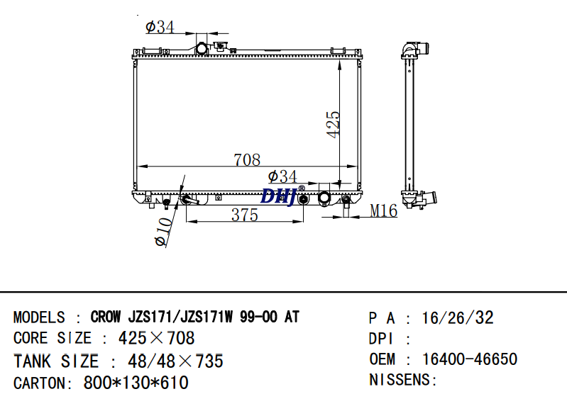 16400-46650 16400-46640 Toyota CROW 1JZGTE 1JZGTEW radiator