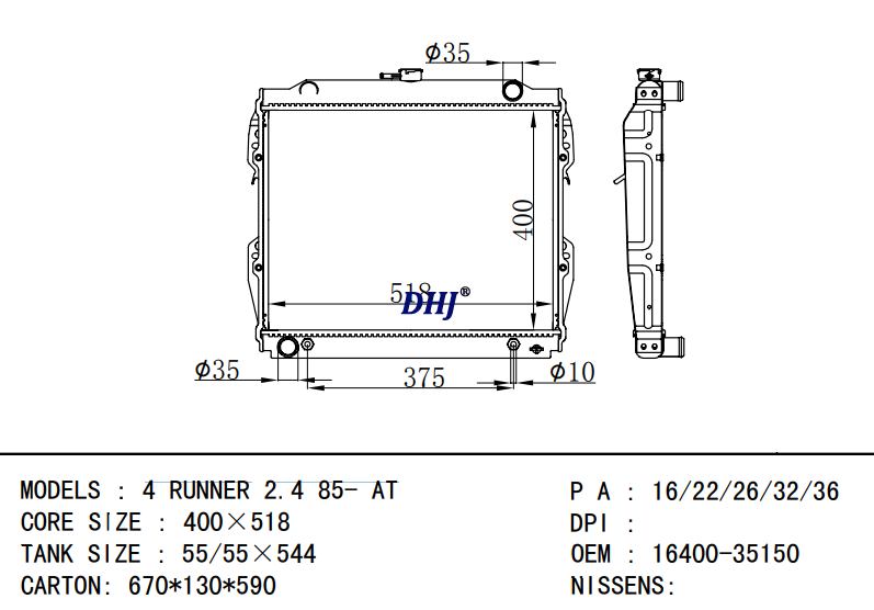 16400-35150 TOYOTA  4 RUNNER 2.4 85- AT MT radiator