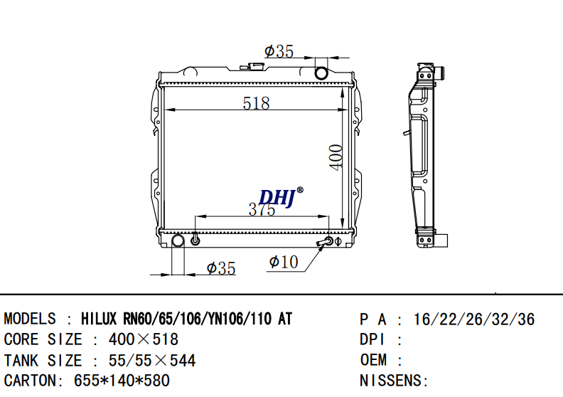 TOYOTA HILUX RN60/65/106/YN106/110 AT radiator