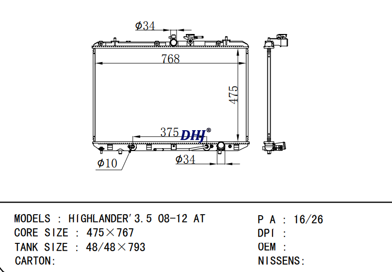 TOYOTA  HIGHLANDER'3.5 08-12 AT radiator