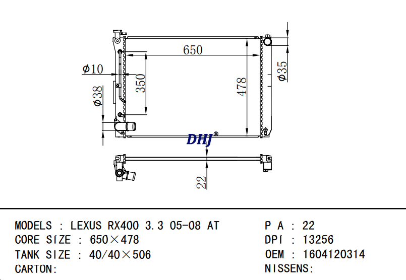 16041-20314 TOYOTA LEXUS RX400 3.3 05-08 AT radiator