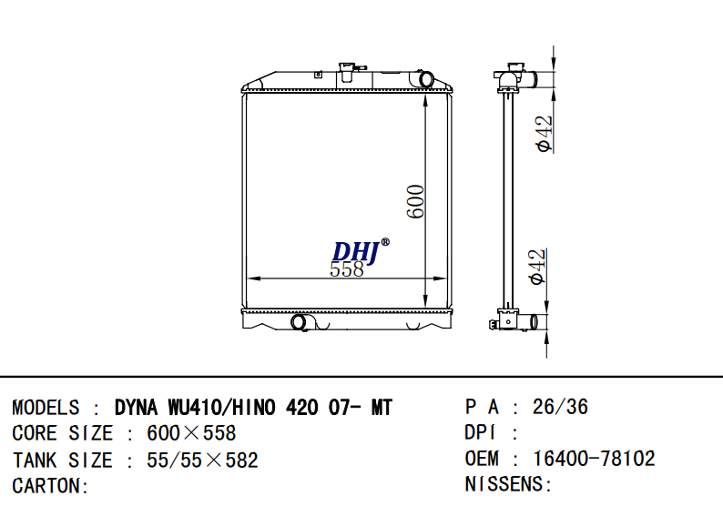 16400-78102 TOYOTA DYNA WU410/Hino 420 2007 TRUCK Radiator