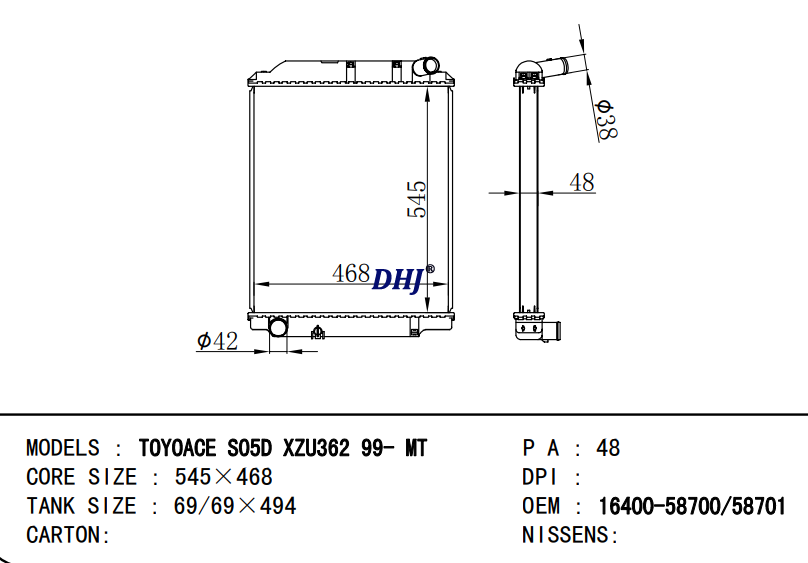 16400-58700 16400-58701 TOYOTA Toyoace SO5D XZU362 1999 radiator