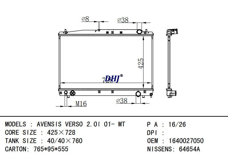 TOYOTA AVENSIS VERSO radiator  1640027050  NISSENS:64654A