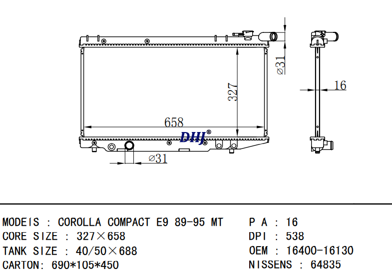 TOYOTA COROLLA COMPACT radiator DPI:538 OEM:16400-16130