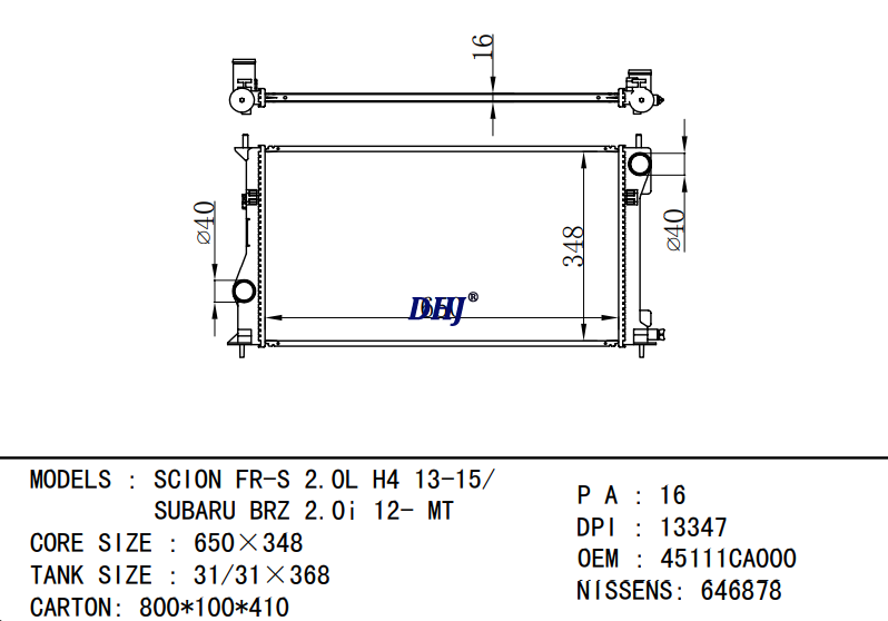 TOYOTA SCION radiator DPI:13347 OEM:45111CA000 NISSENS:646878