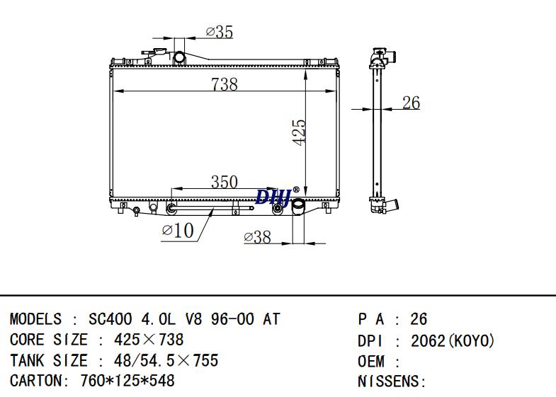 DPI:2062(KOYO) TOYOTA SC400 4.0L V8 96-00 AT radiator